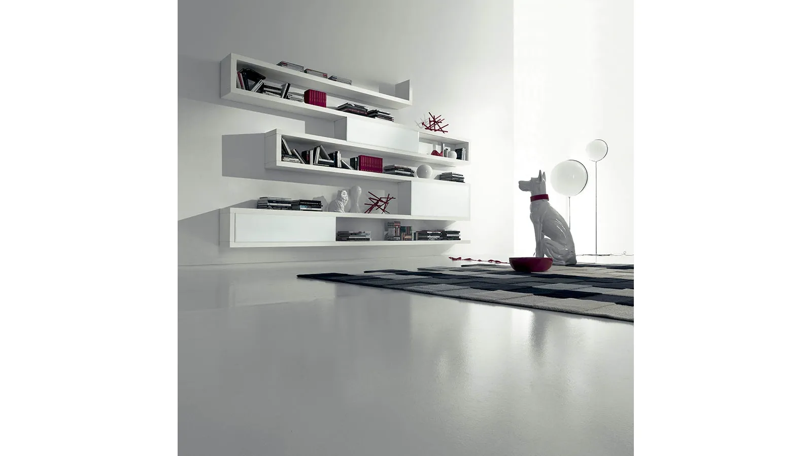 Suspended oak bookcase with winter lacquered finish and frosted glass sliding doors, Bianco Side 18 by Fimar