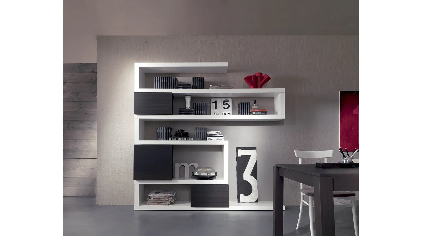 Side 19 Bookcase in Winter Lacquer with Brown Oak Storage Units by Fimar