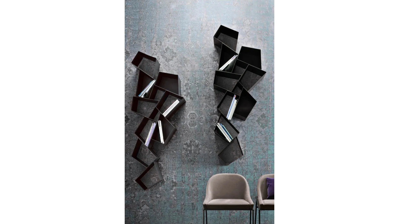 W Su Line wall shelf composed of irregular metal polygons by Ronda Design