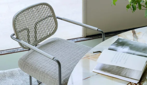 Arno chair with woven leather backrest and fabric seat by Natevo