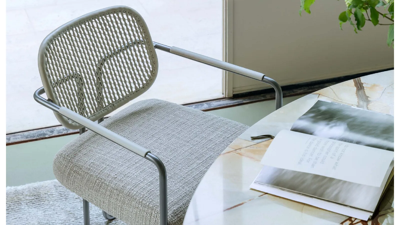 Arno chair with woven leather backrest and fabric seat by Natevo