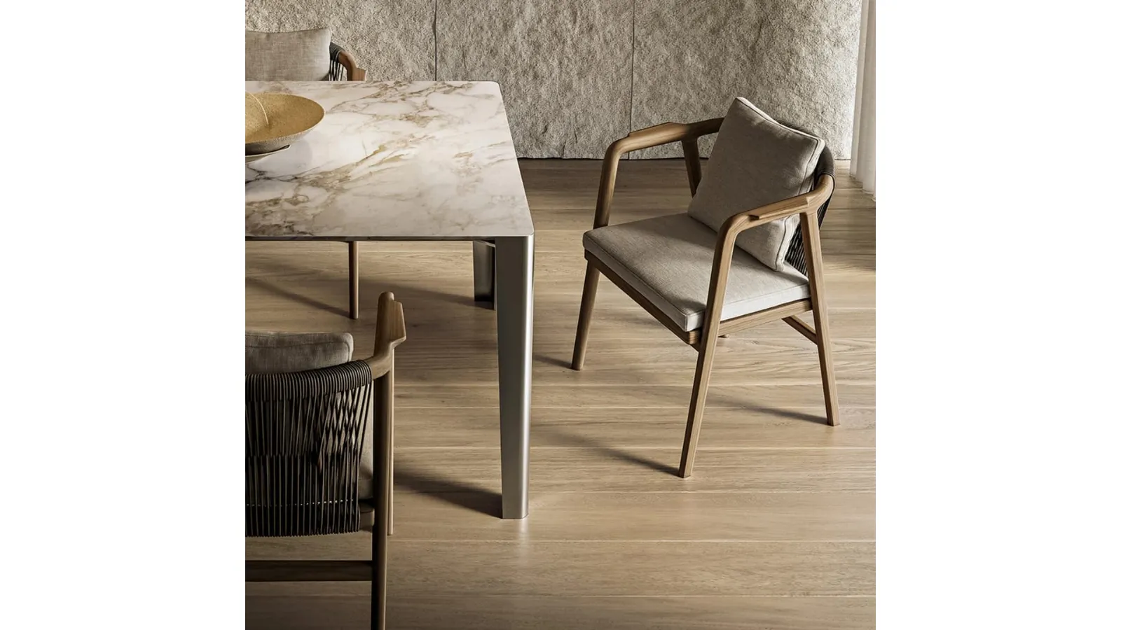 Crono chair with solid wood frame, braided leather cord, and Flexform upholstered fabric seat
