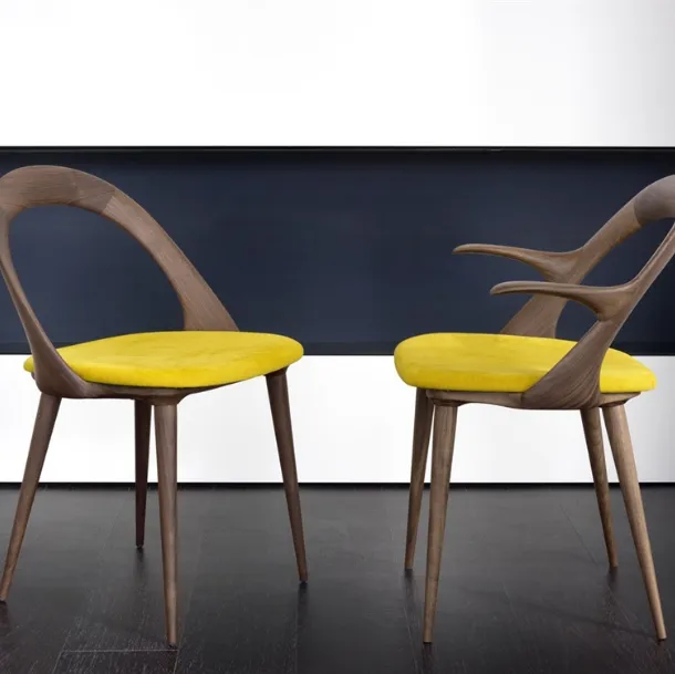 Solid wood designer chair with seat upholstered in Ester fabric by Porada