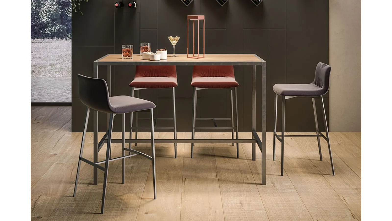 Nirvana stool in fabric with metal legs by Ronda Design