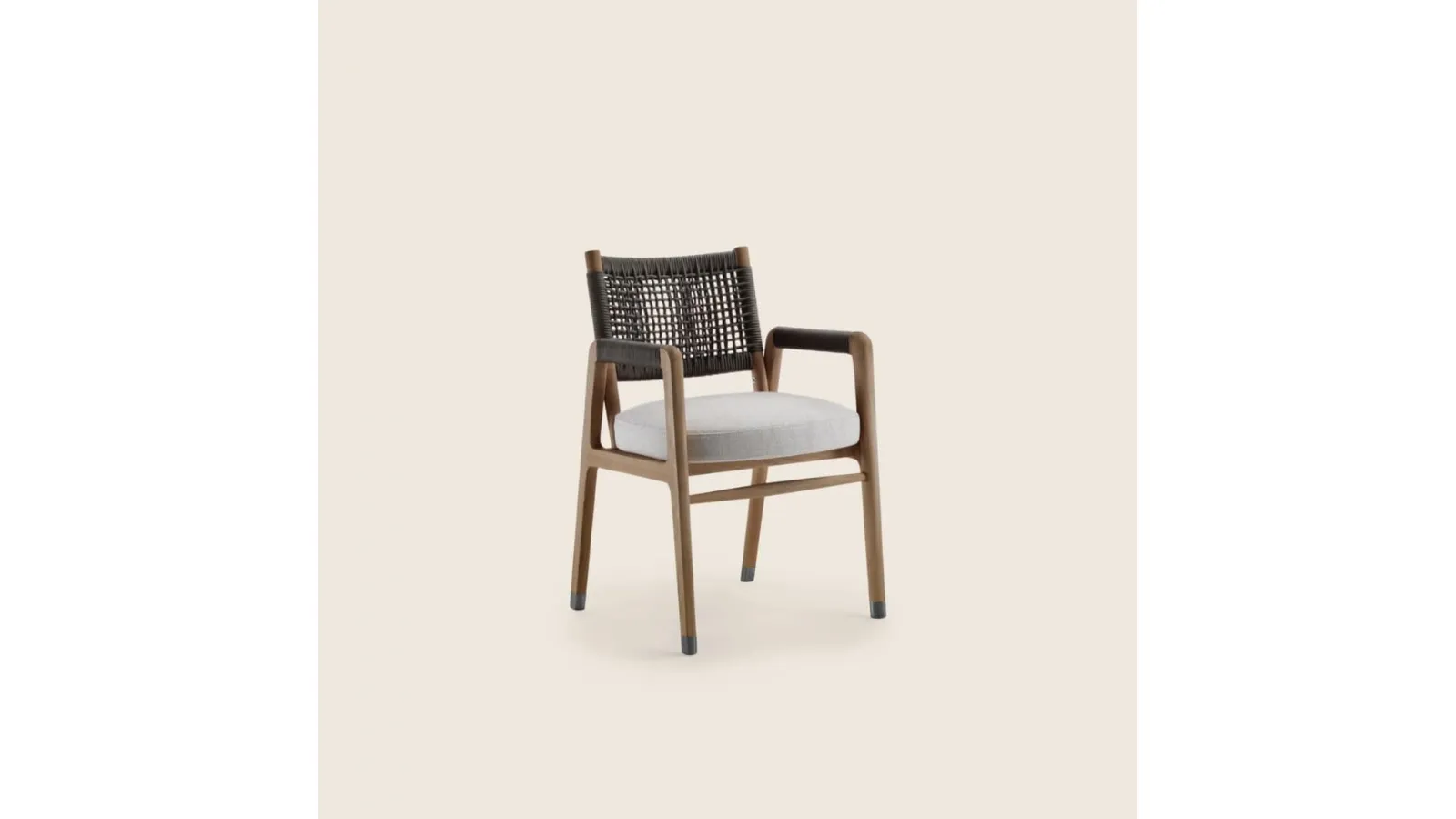 Ortigia chair with solid wood frame, woven leather backrest, and upholstered fabric seat by Flexform