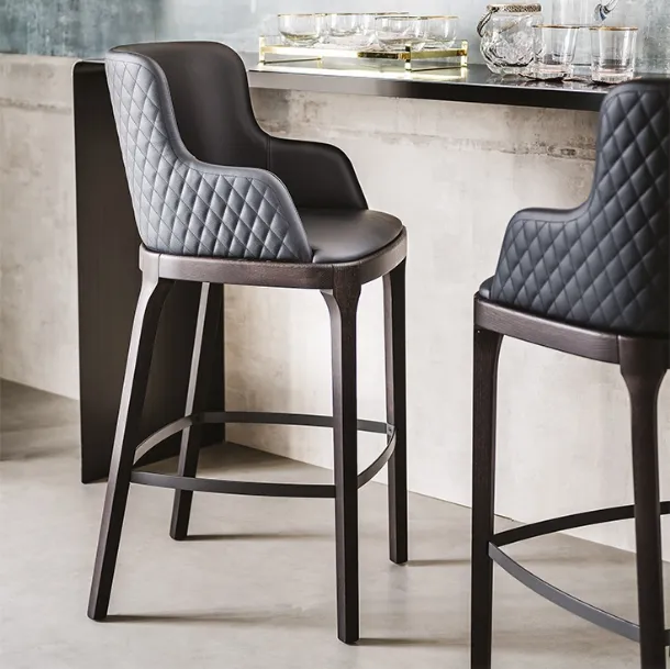 Leather stool with quilted backrest and wooden structure Magda Couture by Cattelan Italia