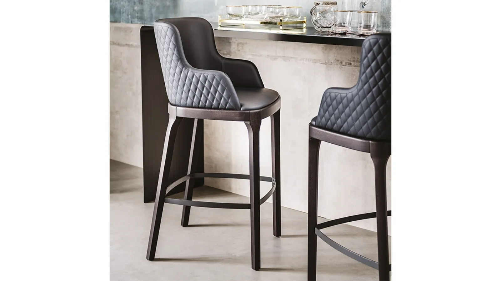 Leather stool with quilted backrest and wooden structure Magda Couture by Cattelan Italia