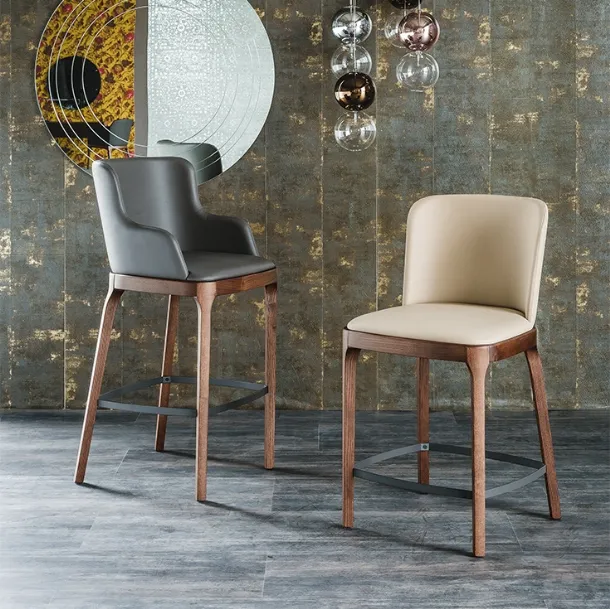 Leather stool with and without armrests with wooden structure Magda by Cattelan Italia