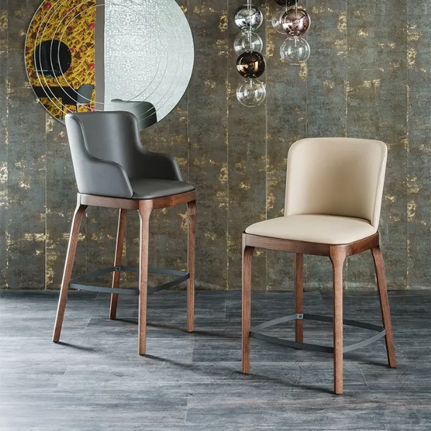 Leather stool with and without armrests with wooden structure Magda by Cattelan Italia