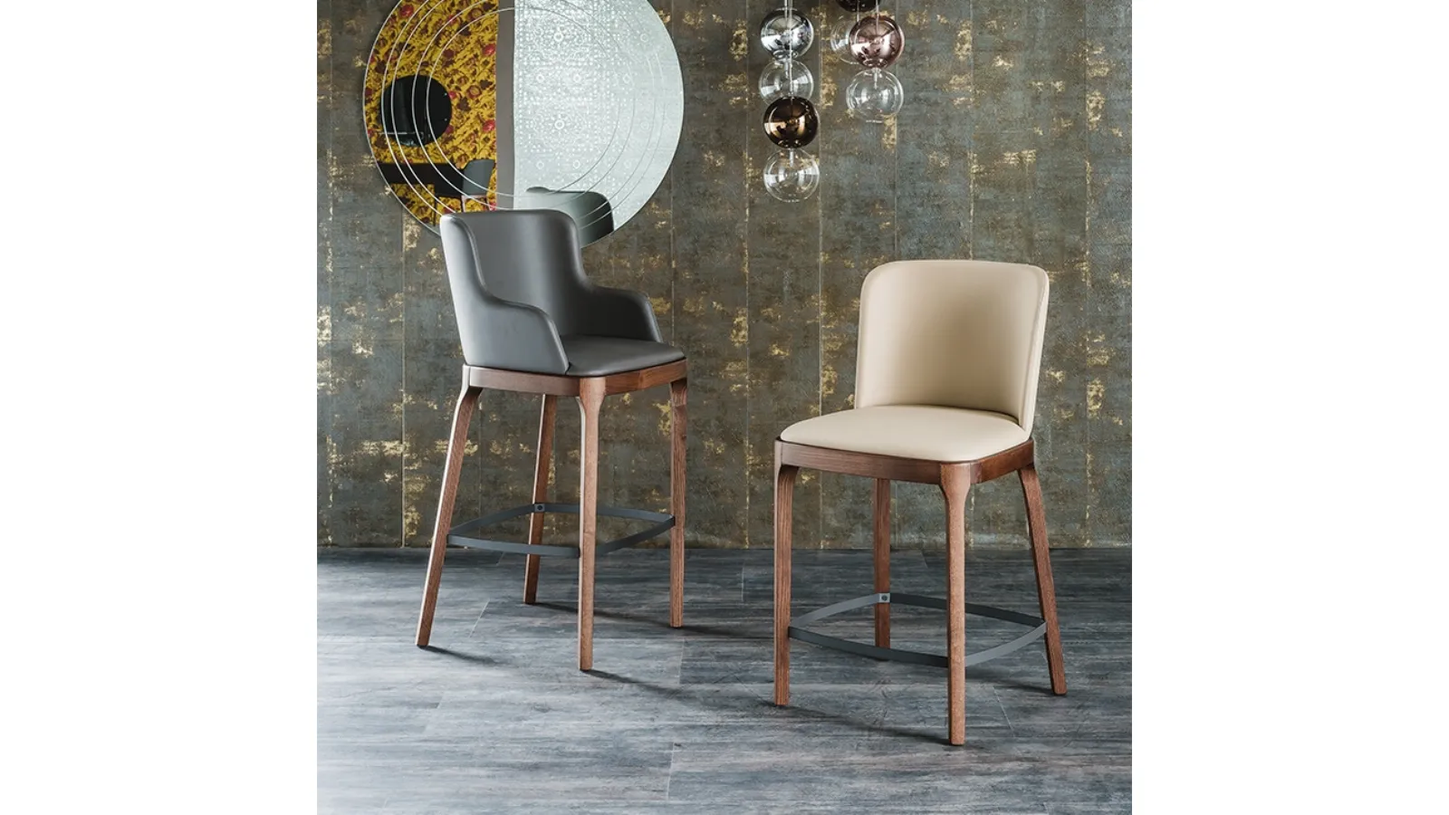 Leather stool with and without armrests with wooden structure Magda by Cattelan Italia