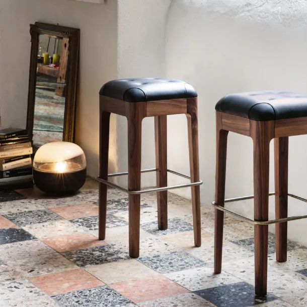 Walnut stool with quilted Webby leather seat by Porada