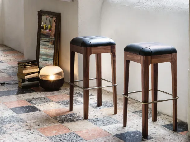 Walnut stool with quilted Webby leather seat by Porada