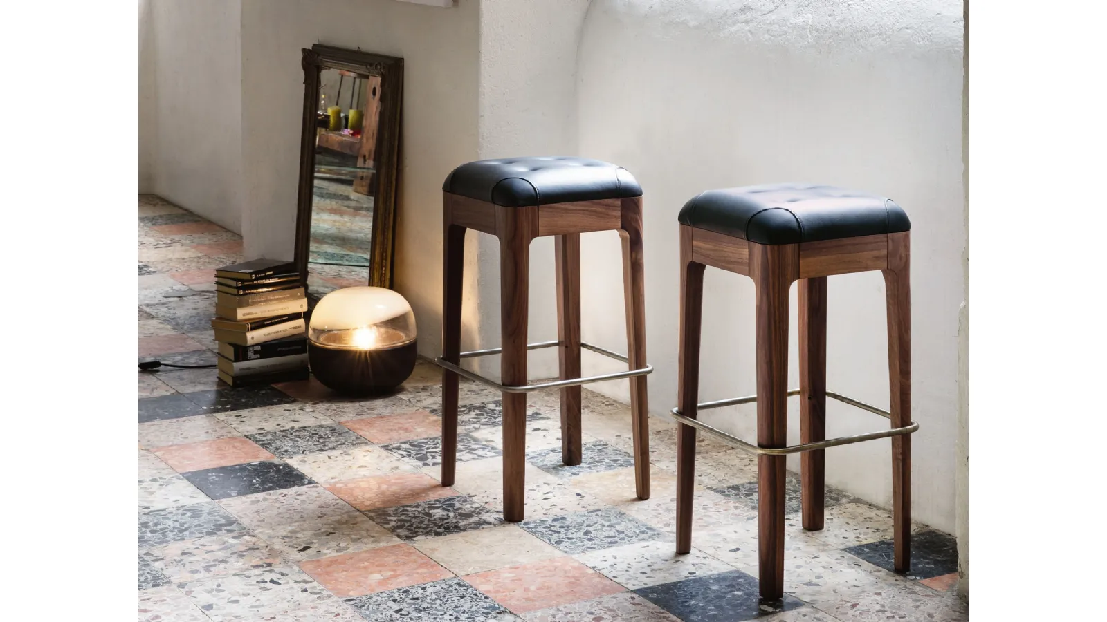 Walnut stool with quilted Webby leather seat by Porada