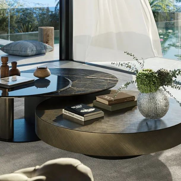 Ceramic side table accompanied by a rotating glass side table Arena Keramik Bond by Cattelan Italia