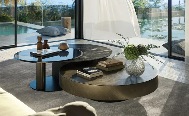 Ceramic side table accompanied by a rotating glass side table Arena Keramik Bond by Cattelan Italia