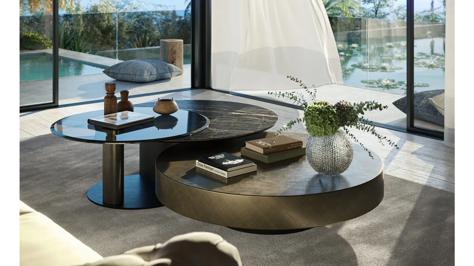 Ceramic side table accompanied by a rotating glass side table Arena Keramik Bond by Cattelan Italia