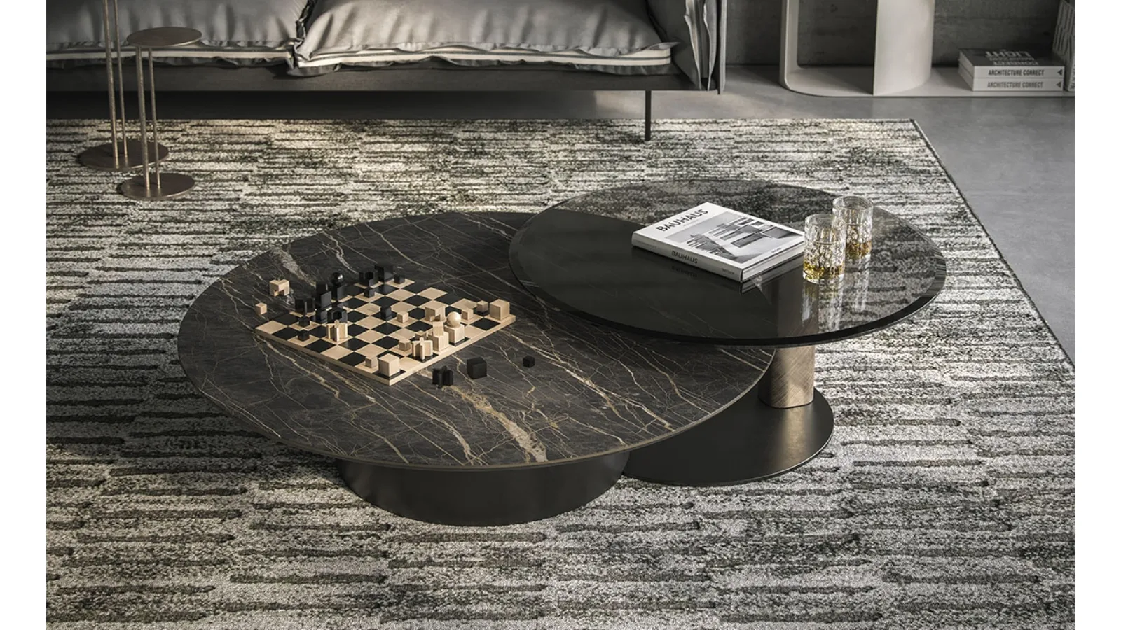 Ceramic side table accompanied by a rotating glass side table Arena Keramik Bond by Cattelan Italia