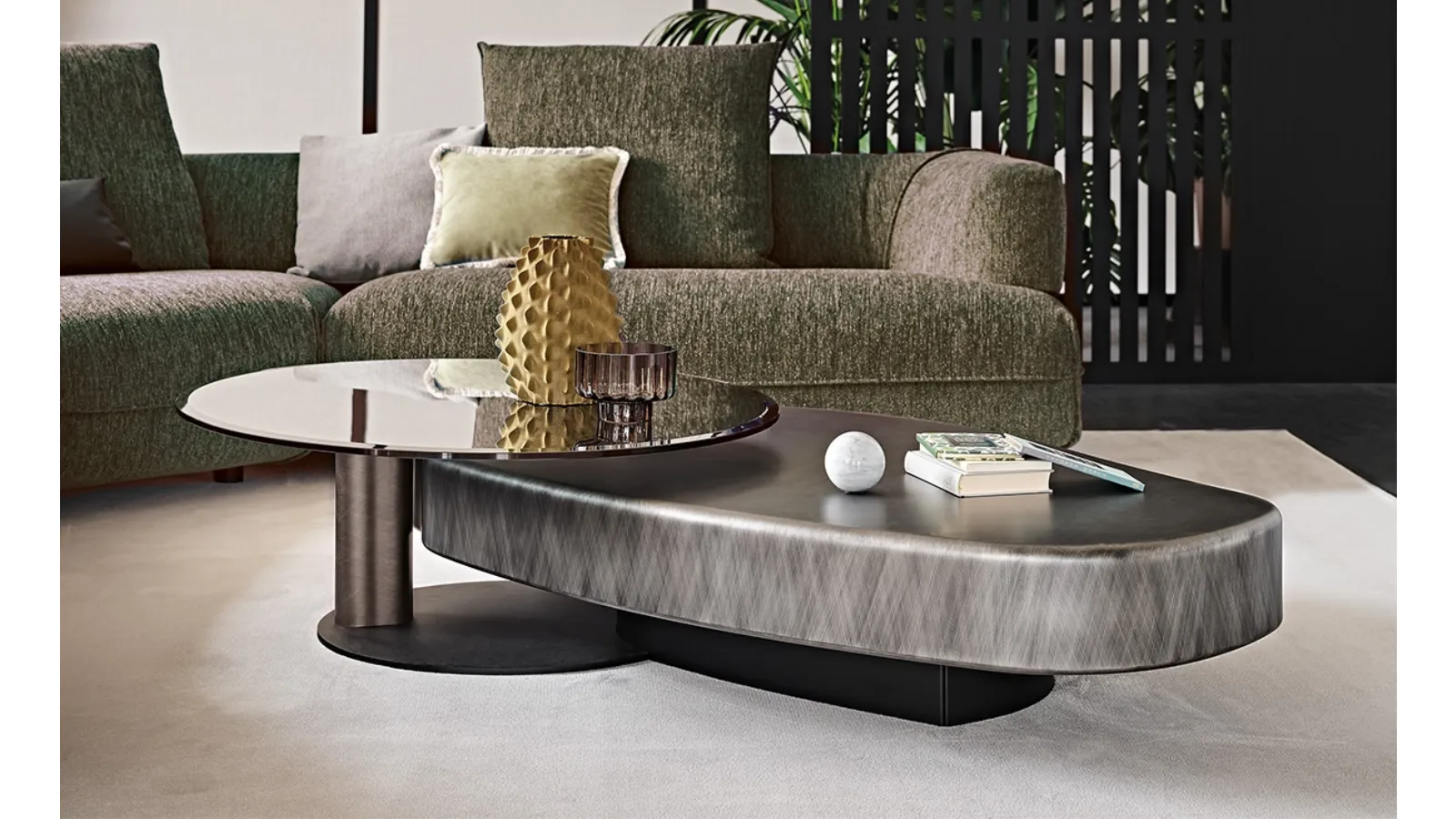 Arena Long coffee table in wood with side table in glass by Cattelan Italia