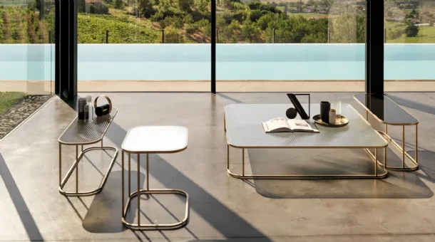 Arlon side tables with fluted or smooth glass tops and metal frame by Desirèe