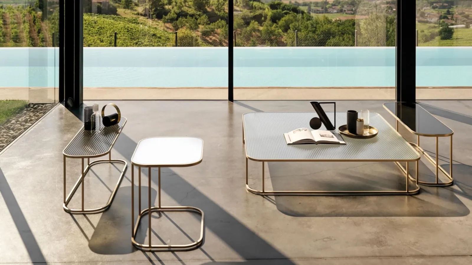 Arlon side tables with fluted or smooth glass tops and metal frame by Desirèe