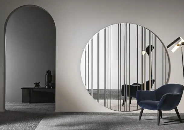 Wall mirror composed of a glass panel with alternating mirrored and transparent strips Barcode by Tonelli