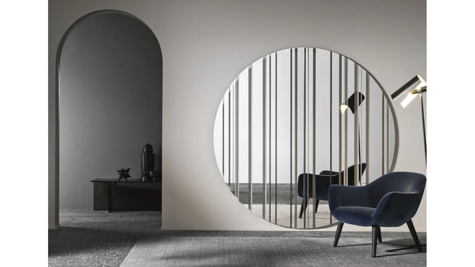 Wall mirror composed of a glass panel with alternating mirrored and transparent strips Barcode by Tonelli