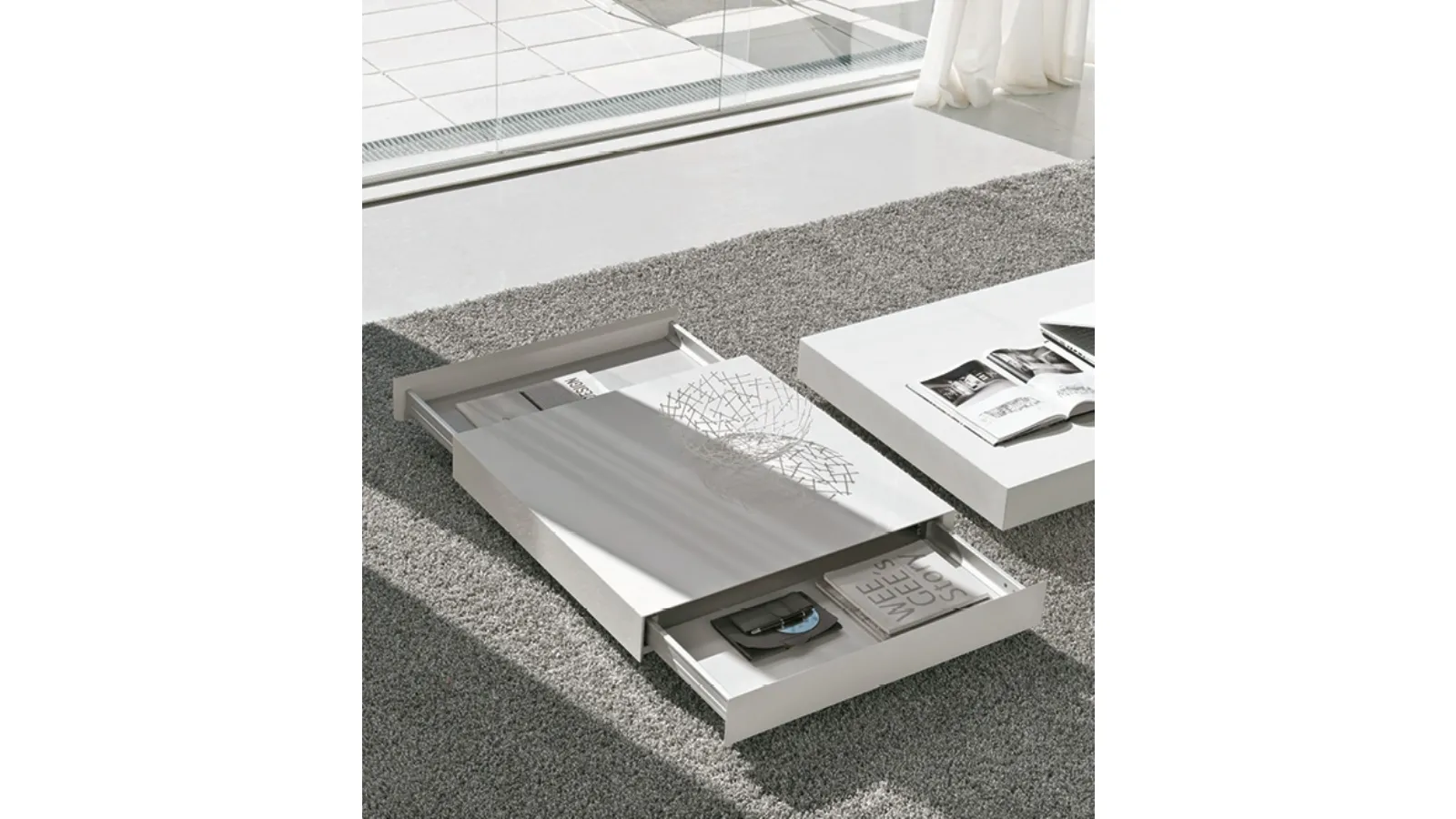 Matte white lacquered coffee table with drawers Bench by Alivar
