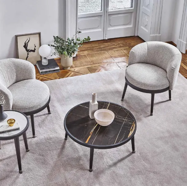 Round Bignè coffee table in solid ash wood with a top in wood or Porada marble