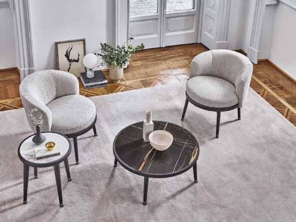 Round Bignè coffee table in solid ash wood with a top in wood or Porada marble