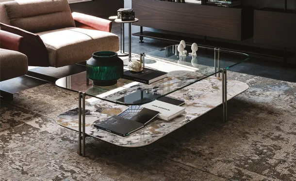 Coffee table with upper glass top and lower ceramic top Biplane by Cattelan Italia