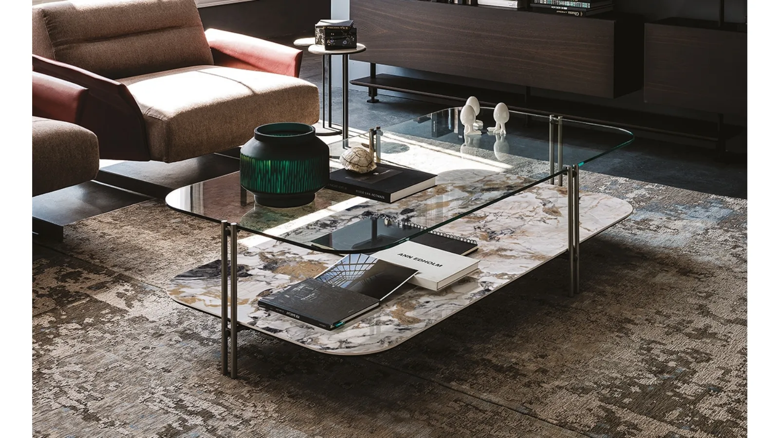 Coffee table with upper glass top and lower ceramic top Biplane by Cattelan Italia