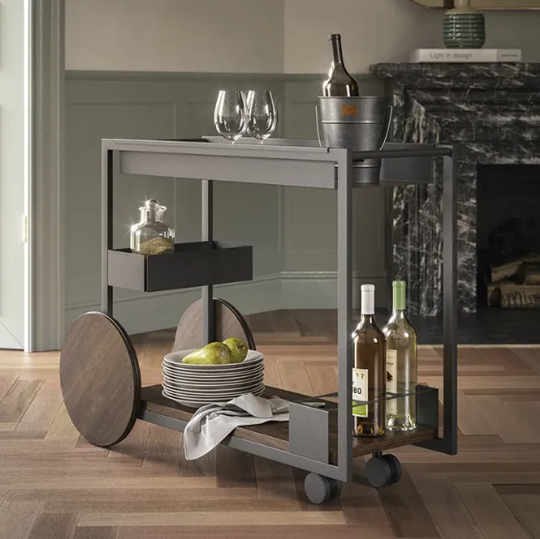 Rolling side table on a trolley with Brandy wood tops by Cattelan Italia