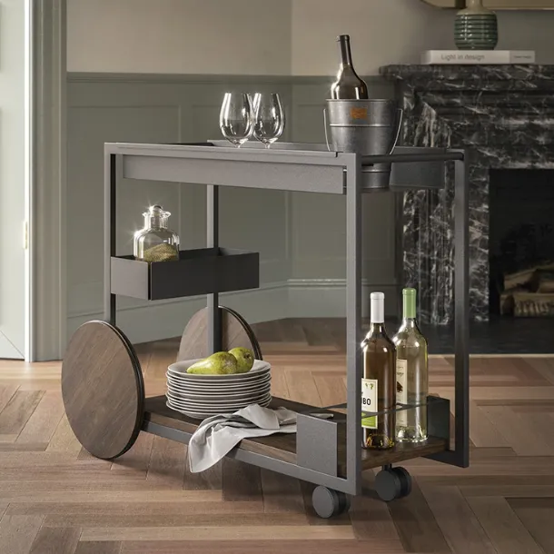 Rolling side table on a trolley with Brandy wood tops by Cattelan Italia