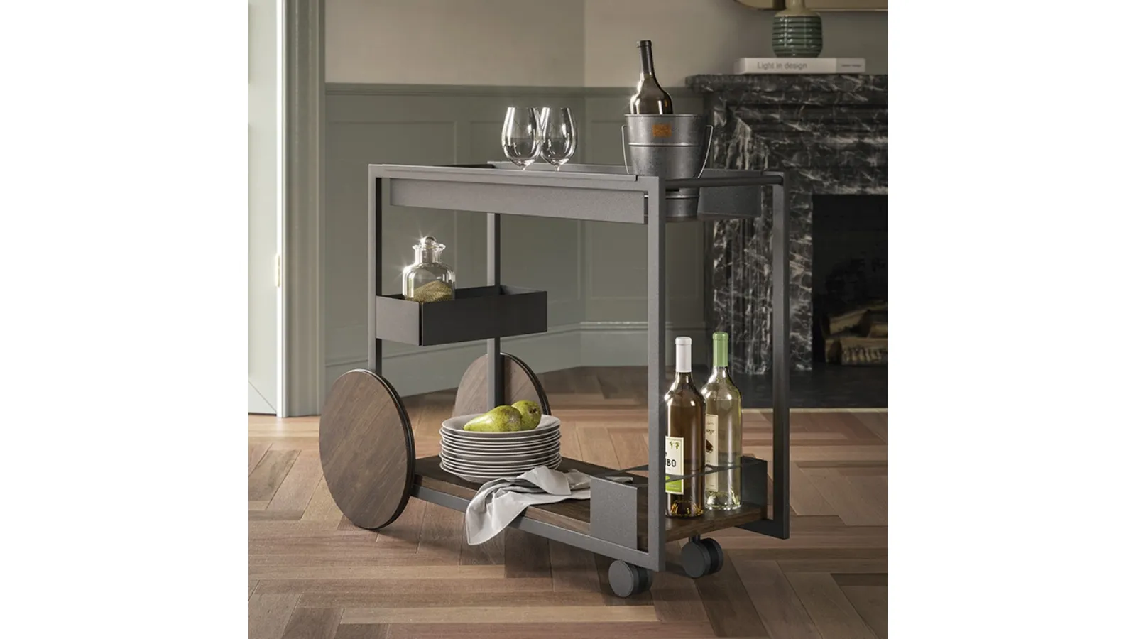 Rolling side table on a trolley with Brandy wood tops by Cattelan Italia