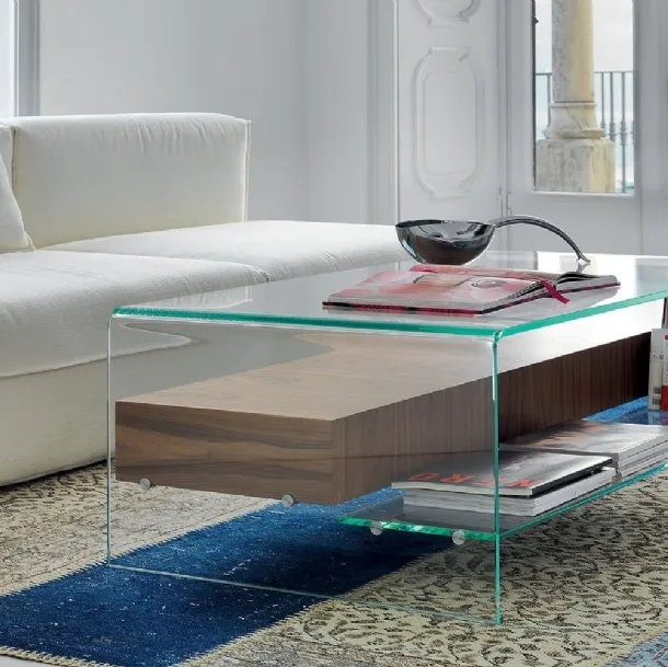 Bridge side table with drawer and shelf in transparent curved glass and Sovet walnut drawer unit