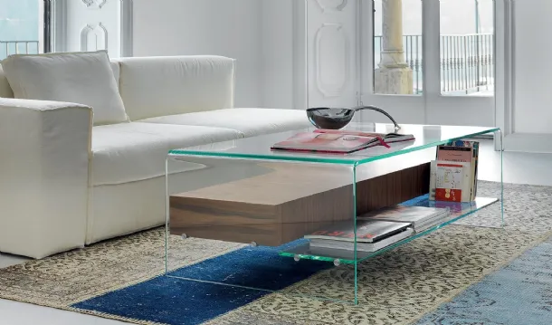 Bridge side table with drawer and shelf in transparent curved glass and Sovet walnut drawer unit