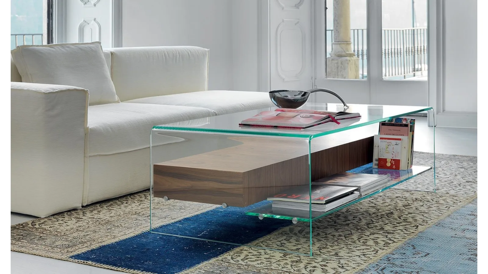Bridge side table with drawer and shelf in transparent curved glass and Sovet walnut drawer unit