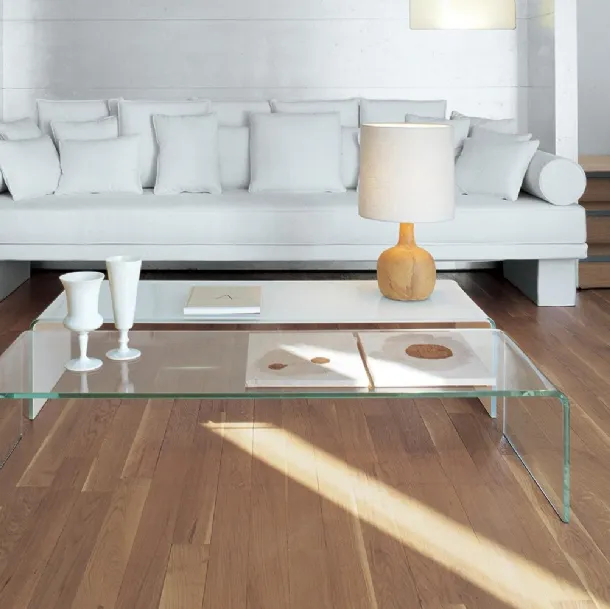 Bridge coffee table in transparent or lacquered curved glass by Sovet