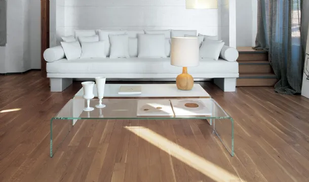 Bridge coffee table in transparent or lacquered curved glass by Sovet