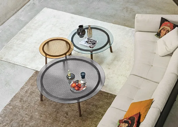 Round Cannage glass coffee table with solid wood base by Fiam
