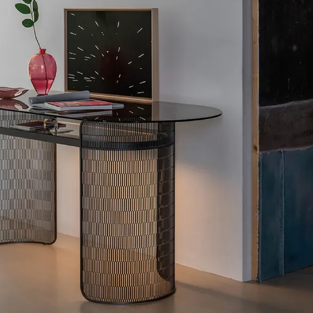 Chiaro di Luna Desk with Glass Top and Curved Metal Mesh Base by Natevo