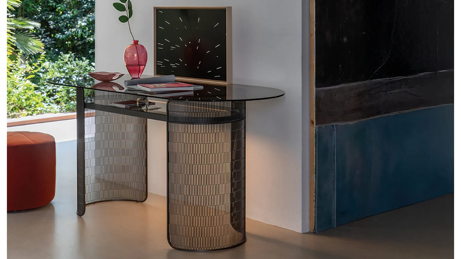 Chiaro di Luna Desk with Glass Top and Curved Metal Mesh Base by Natevo