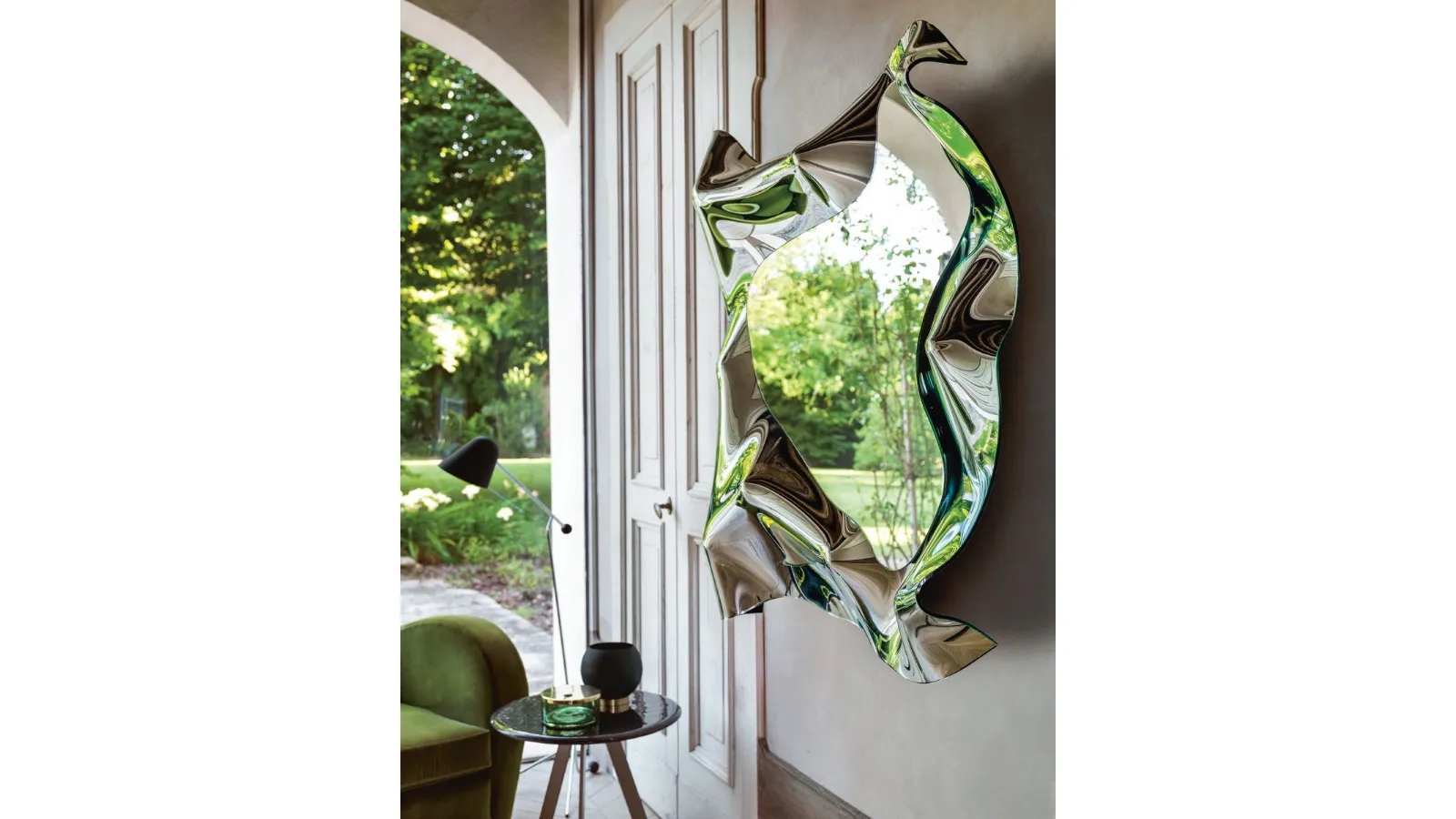 Christine mirror with back-silvered fused glass frame by Fiam