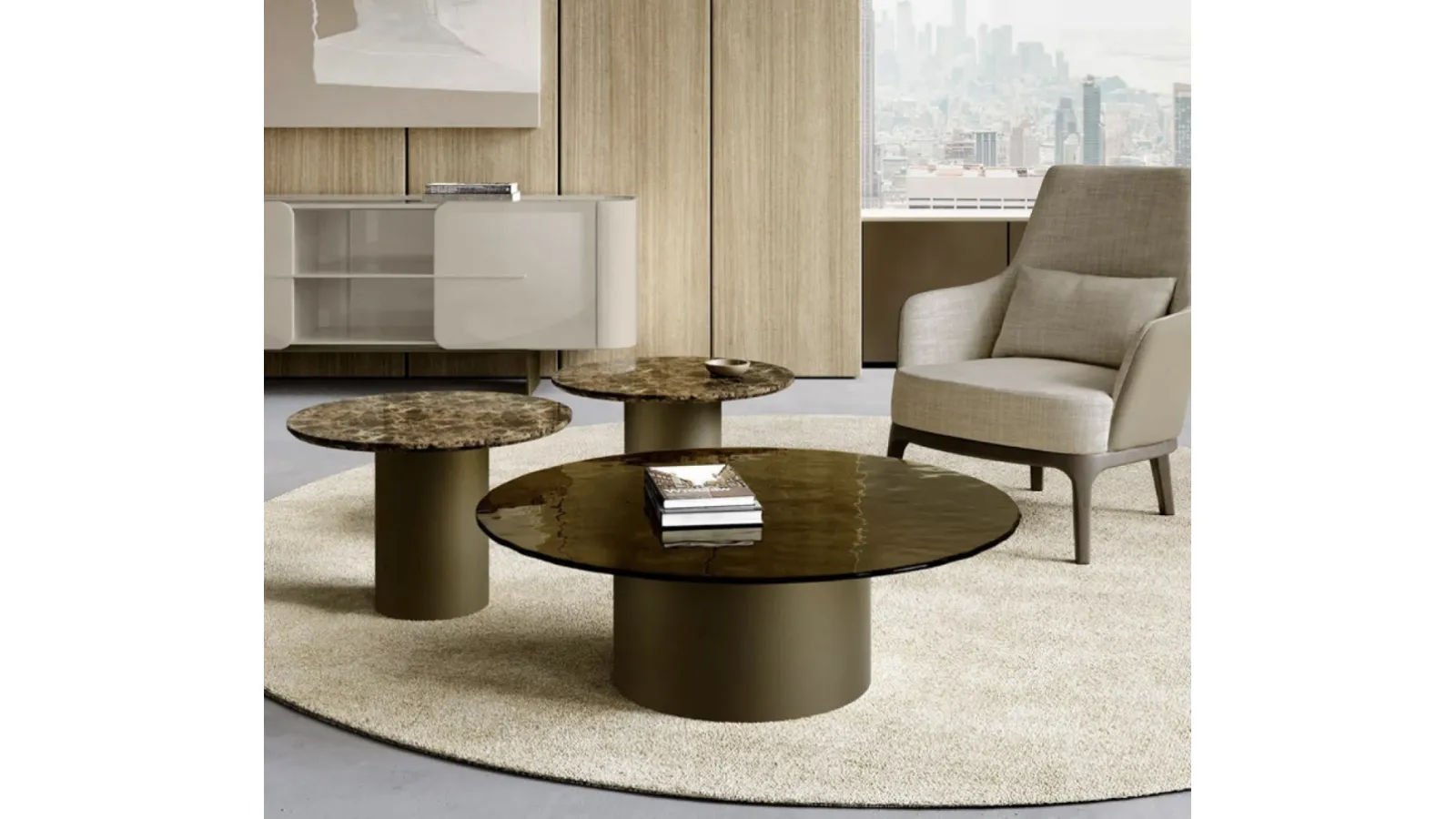 Cilindro Low coffee table in marble or glass by Eforma