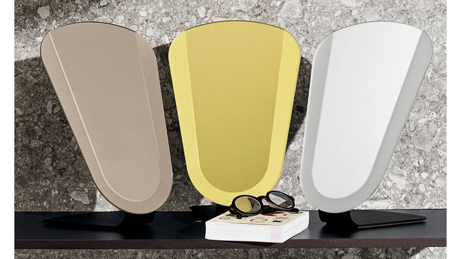 Colored mirror with acid-etched border and metal structure Clessidra Table by Sovet