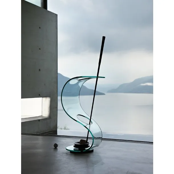 Curved glass umbrella stand with a base in Cobra Black painted metal by Fiam