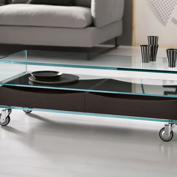 Low glass coffee table on wheels by Tonelli