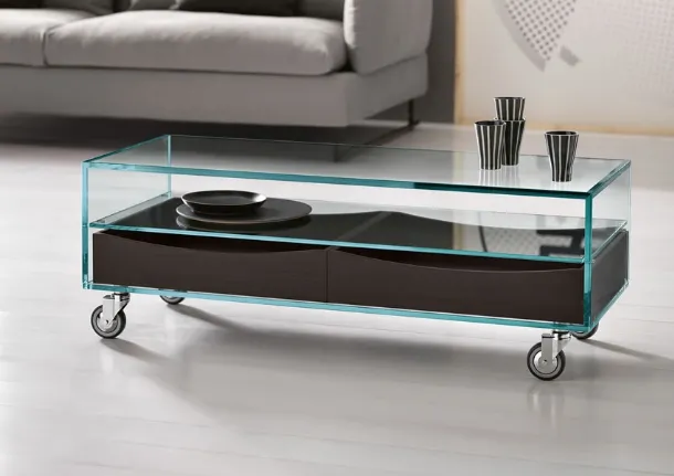 Low glass coffee table on wheels by Tonelli