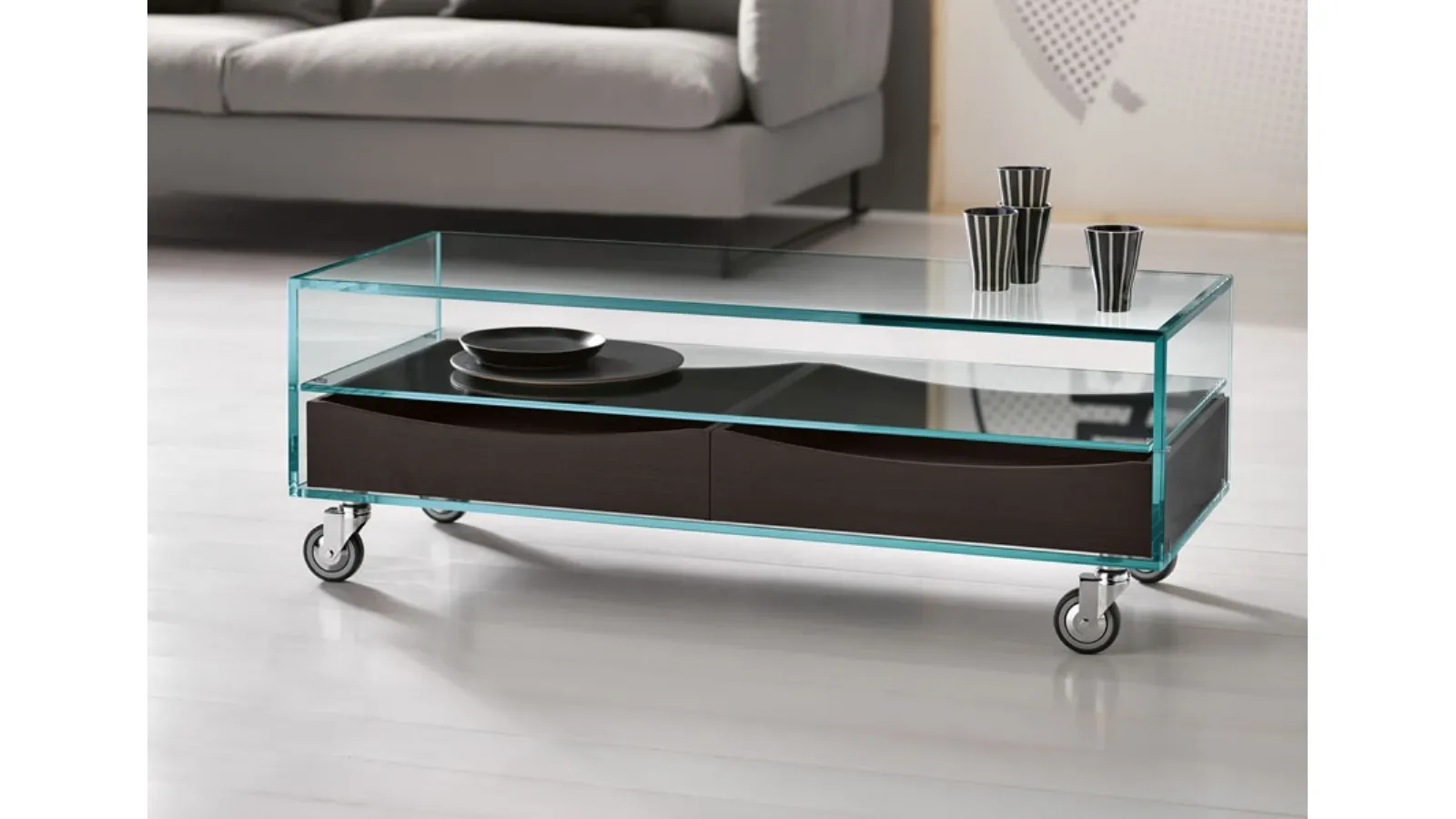 Low glass coffee table on wheels by Tonelli