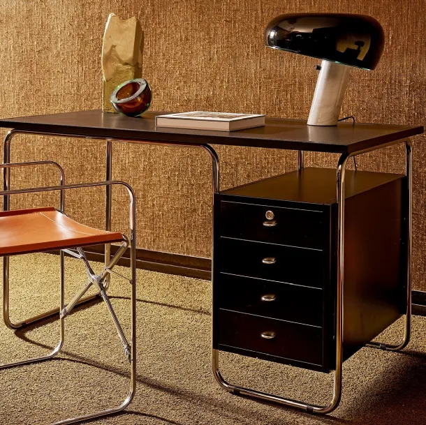 Desk with leather-covered top and Comacina top and Zanotta steel structure